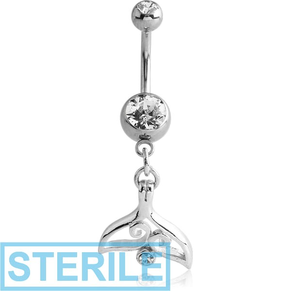 STERILE RHODIUM PLATED DOUBLE JEWELLED NAVEL BANANA WITH TAIL FIN CHARM