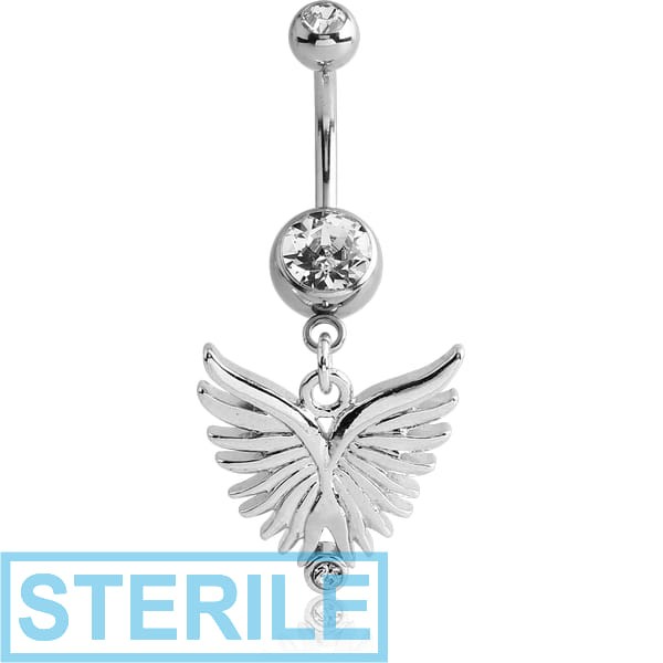STERILE RHODIUM PLATED DOUBLE JEWELLED NAVEL BANANA WITH WINGS CHARM