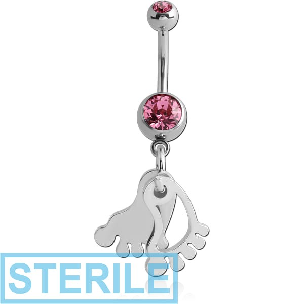 STERILE RHODIUM PLATED DOUBLE JEWELLED NAVEL BANANA WITH DANGLING CHARM - FOOT SHADOW