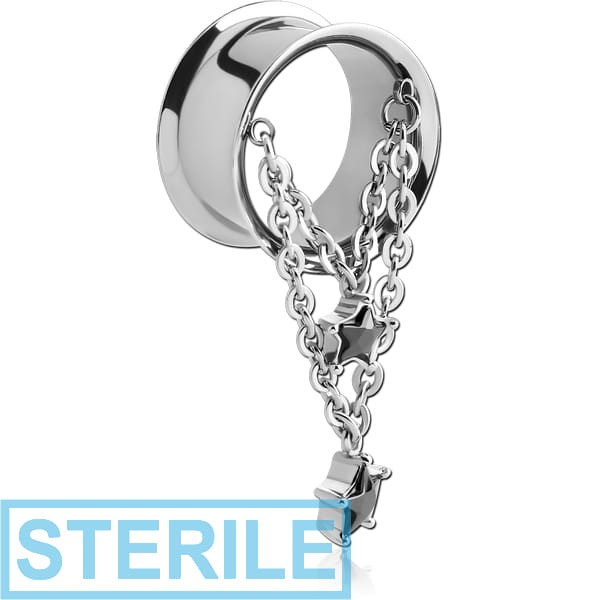 STERILE SURGICAL STEEL DOUBLE FLARED TUNNEL WITH CHAIN AND JEWELLED STARS CHARMS