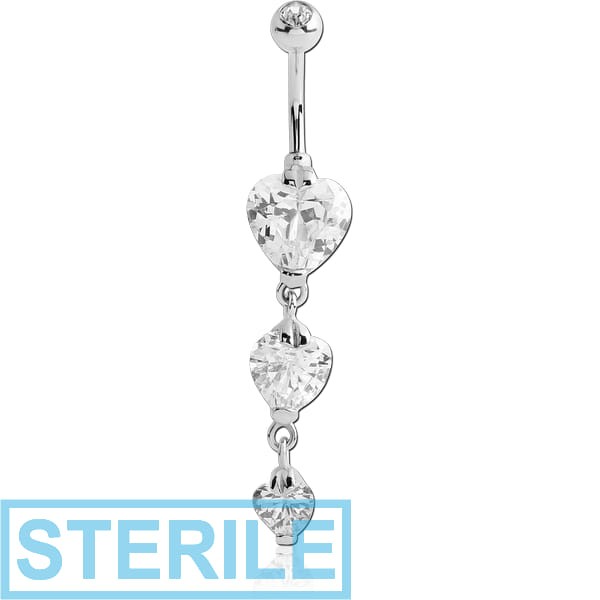 STERILE SURGICAL STEEL TRIPLE HEART CZ DOUBLE JEWELLED DANGLE NAVEL BANANA