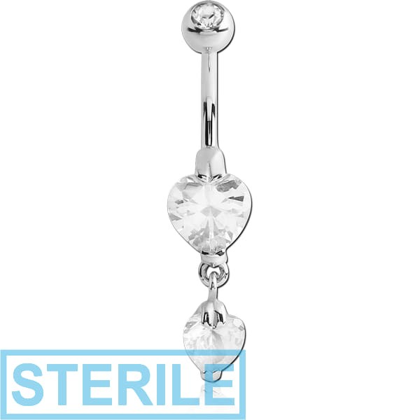 STERILE SURGICAL STEEL DOUBLE HEART CZ DOUBLE JEWELLED DANGLE NAVEL BANANA