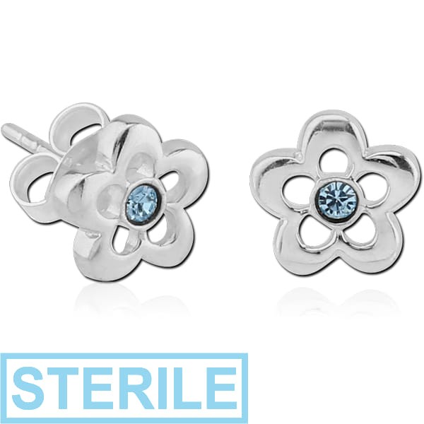 STERILE STERLING SILVER 925 FLOWER EAR STUDS WITH JEWEL PAIR