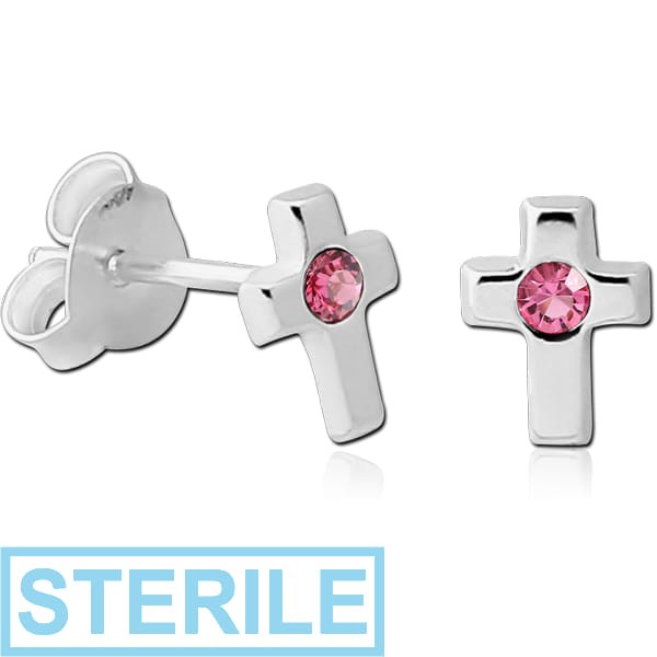 STERILE STERLING SILVER 925 JEWELLED CROSS EAR STUDS PAIR