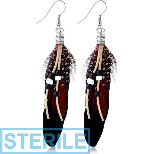 STERILE SURGICAL STEEL EARRINGS WITH DANGLING FEATHER