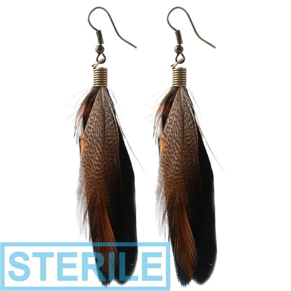STERILE SURGICAL STEEL EARRINGS WITH DANGLING LONG FEATHER
