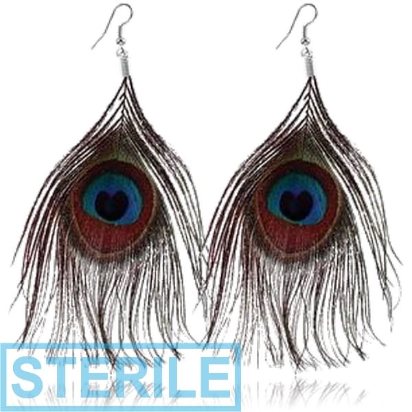 STERILE SURGICAL STEEL EARRINGS WITH DANGLING LONG FEATHER