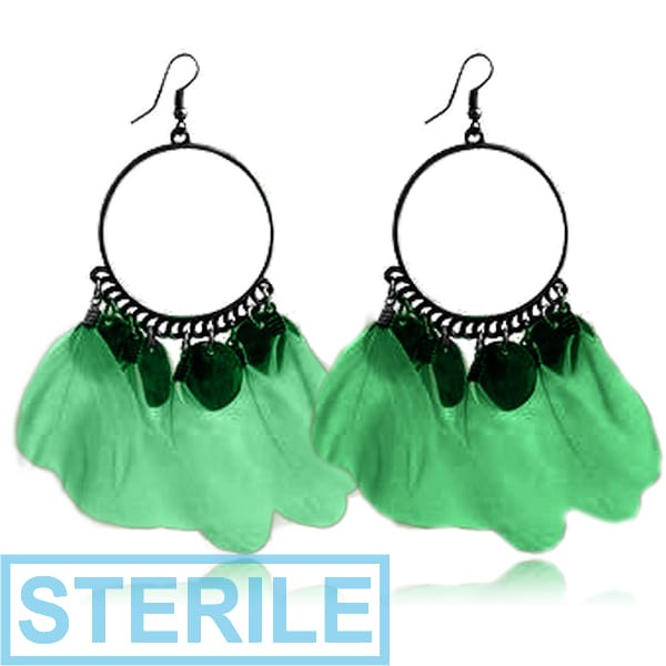 STERILE SURGICAL STEEL EARRINGS WITH DANGLING LONG FEATHER