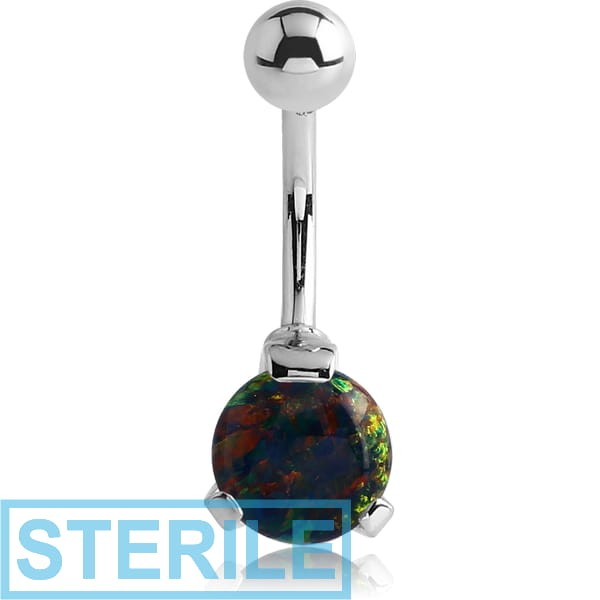 STERILE SURGICAL STEEL ROUND PRONG SET 8MM SYNTHETIC OPAL JEWELLED NAVEL BANANA