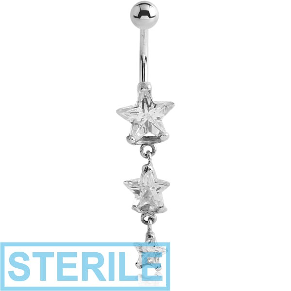 STERILE SURGICAL STEEL TRIPLE STAR CZ JEWELLED WITH DANGLING NAVEL BANANA