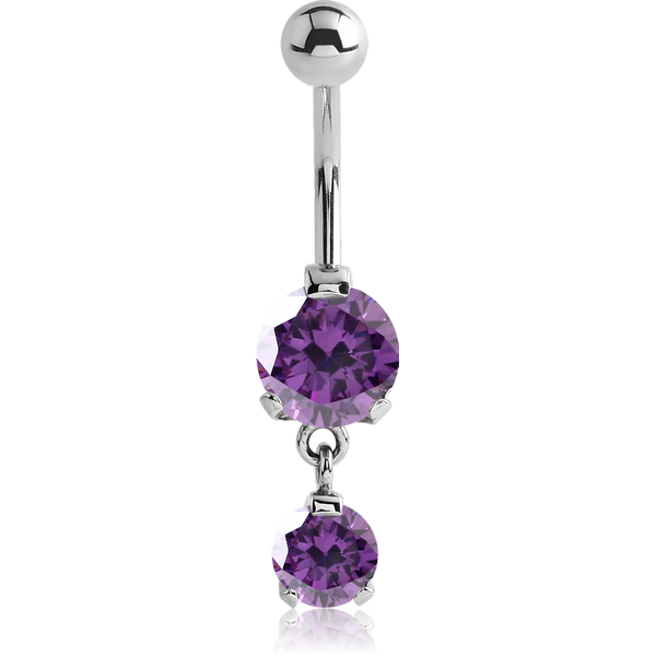 SURGICAL STEEL DOUBLE ROUND CZ JEWELLED WITH DANGLING NAVEL BANANA