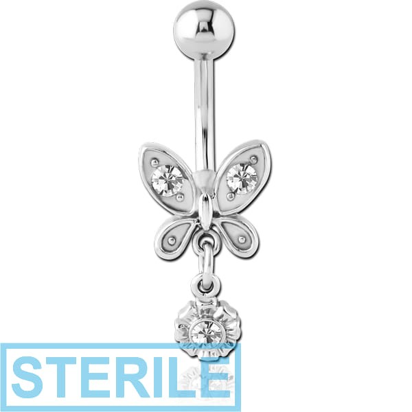 STERILE SURGICAL STEEL JEWELLED NAVEL BANANA - BUTTERFLY AND FLOWER