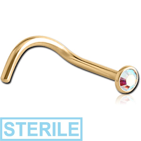 STERILE GOLD PVD 18K COATED SURGICAL STEEL SWAROVSKI CRYSTAL JEWELLED CURVED NOSE STUD