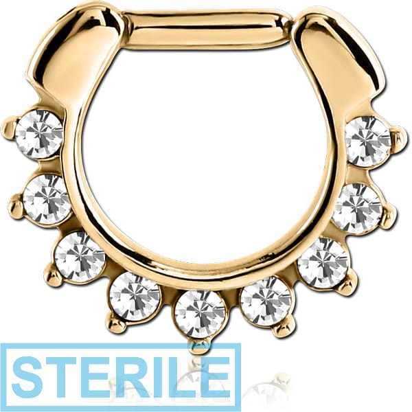STERILE GOLD PVD 18K COATED SURGICAL STEEL ROUND JEWELLED HINGED SEPTUM CLICKER