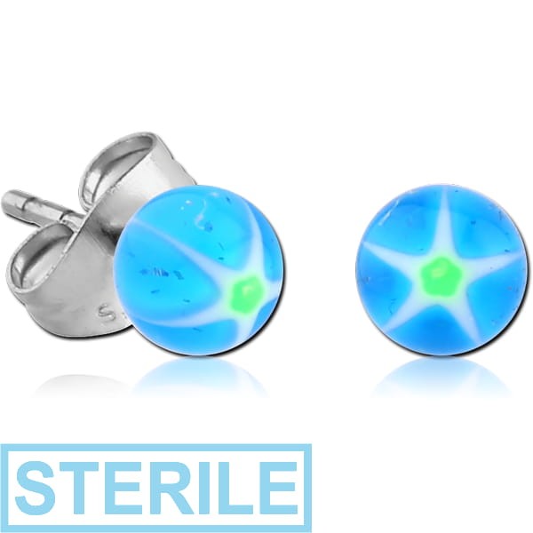 STERILE UV ACRYLIC GLITTERING MURANO BALL EAR STUDS PAIR