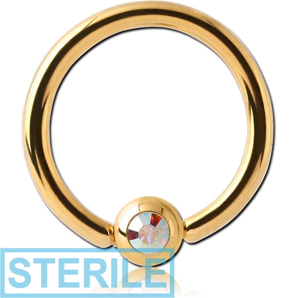 STERILE GOLD PVD COATED SURGICAL STEEL SWAROVSKI CRYSTAL JEWELLED BALL CLOSURE RING