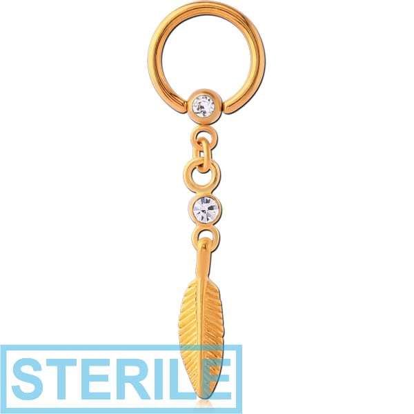 STERILE GOLD PVD COATED SURGICAL STEEL JEWELLED BALL CLOSURE RING WITH JEWELLED FEATHER CHARM