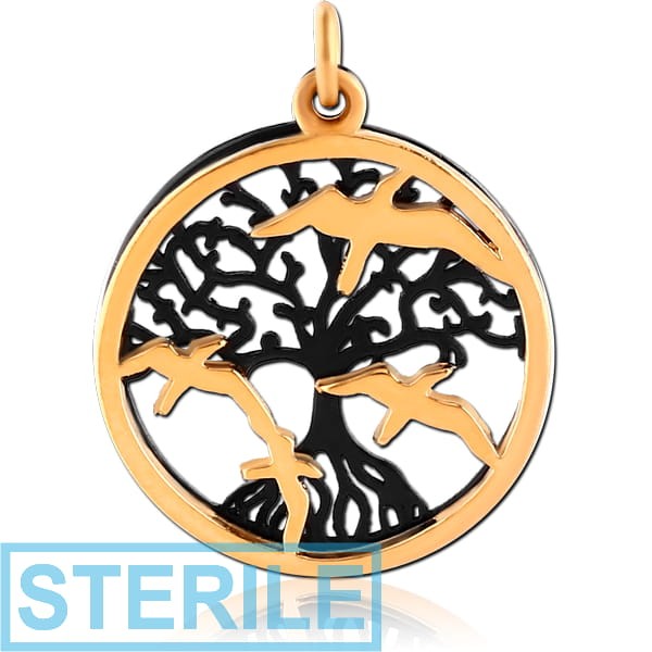 STERILE GOLD PVD COATED BRASS CHARM - TREE OF LIFE AND BIRDS