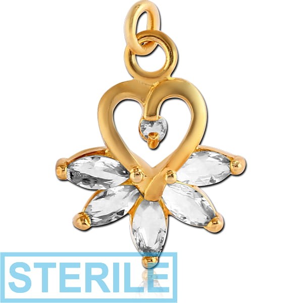 STERILE GOLD PVD COATED BRASS JEWELLED CHARM - HEART WITH MARQUISE STONES