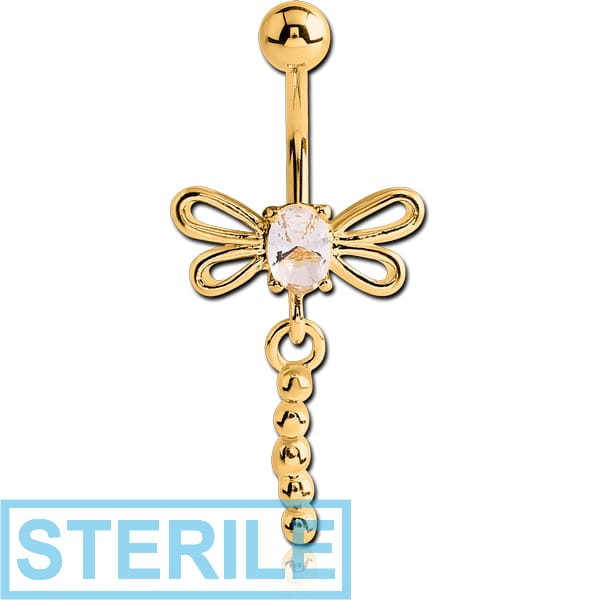 STERILE GOLD PVD COATED BRASS JEWELLED DRAGONFLY DANGLING NAVEL BANANA