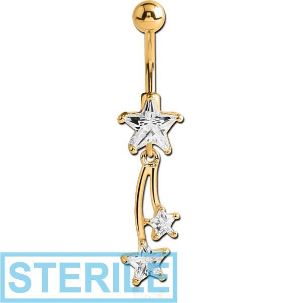 STERILE GOLD PVD COATED BRASS JEWELLED SHOOTING STAR DANGLING NAVEL BANANA
