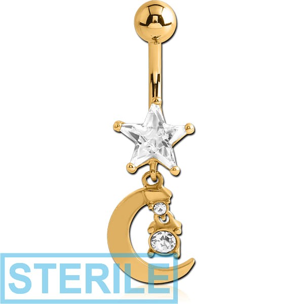 STERILE GOLD PVD COATED BRASS JEWELLED STAR NAVEL BANANA WITH MOON CHARM