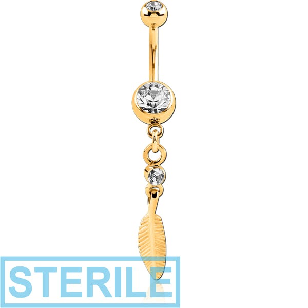 STERILE GOLD PVD COATED SURGICAL STEEL DOUBLE JEWELLED NAVEL BANANA WITH FEATHER CHARM