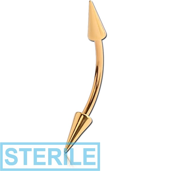 STERILE GOLD PVD COATED SURGICAL STEEL CURVED BARBELL WITH LONG CONES