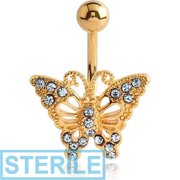 STERILE GOLD PVD COATED BRASS JEWELLED NAVEL BANANA - BUTTERFLY