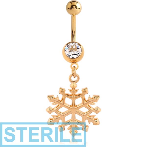 STERILE GOLD PVD COATED SURGICAL STEEL JEWELLED NAVEL BANANA WITH DANGLING CHARM - SNOWFLAKE