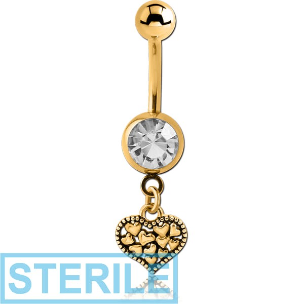 STERILE GOLD PVD COATED SURGICAL STEEL JEWELLED NAVEL BANANA WITH CHARM - HEARTS IN HEART