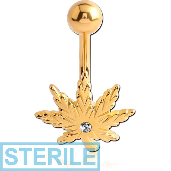 STERILE GOLD PVD COATED BRASS JEWELLED NAVEL BANANA - MARIJUANA LEAF