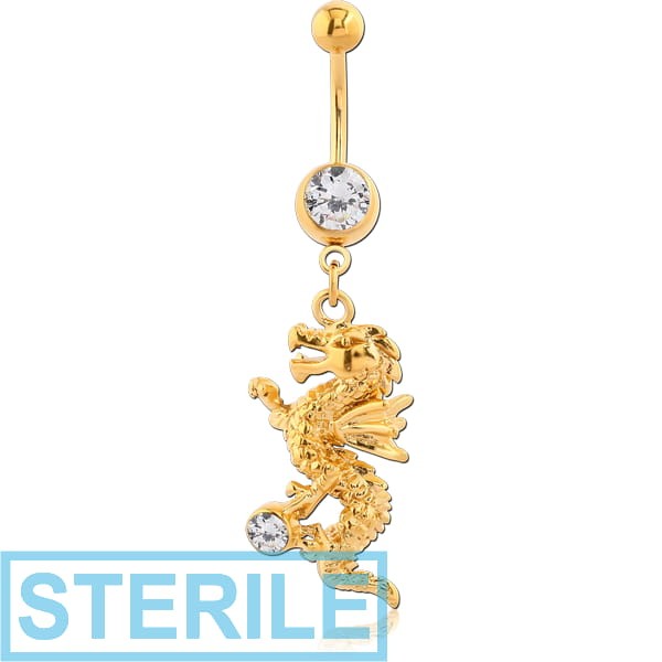 STERILE GOLD PVD COATED SURGICAL STEEL JEWELLED NAVEL BANANA WITH DANGLING CHARM - DRAGON
