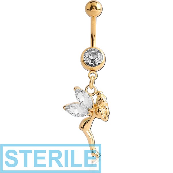 STERILE GOLD PVD COATED SURGICAL STEEL JEWELLED NAVEL BANANA WITH DANGLING CHARM - FAIRY