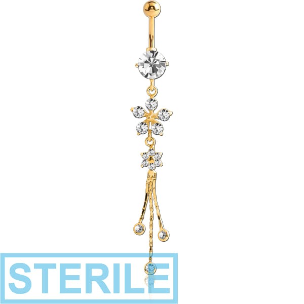 STERILE GOLD PVD COATED BRASS JEWELLED NAVEL BANANA WITH DANGLING CHARM - FLOWERS