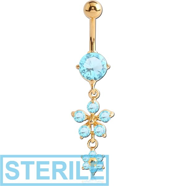 STERILE GOLD PVD COATED BRASS JEWELLED FLOWER NAVEL BANANA WITH DANGLE CHARMS