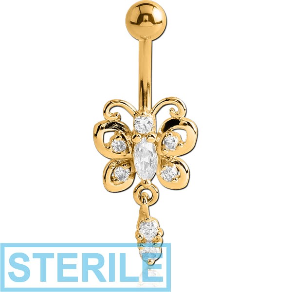 STERILE GOLD PVD COATED BRASS JEWELLED BUTTERFLY NAVEL BANANA WITH DANGLING CHARM - DOUBLE JEWEL