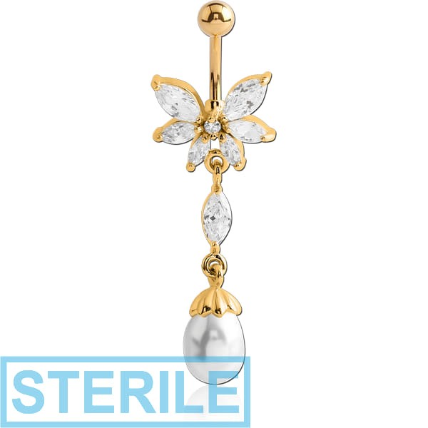 STERILE GOLD PVD COATED BRASS JEWELLED BUTTERFLY NAVEL BANANA WITH DANGLING CHARM - SYNTHETIC PEARL