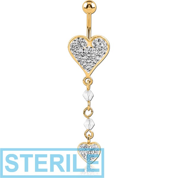 STERILE GOLD PVD COATED BRASS CRYSTALINE JEWELLED HEART NAVEL BANANA WITH DANGLING CHARM - HEART