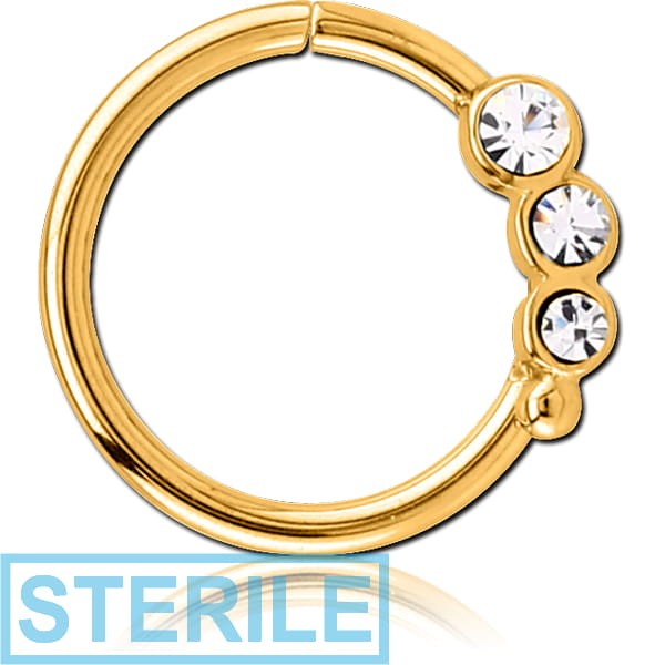 STERILE GOLD PVD COATED SURGICAL STEEL VALUE JEWELLED SEAMLESS RING - LEFT - TRIPLE GEM