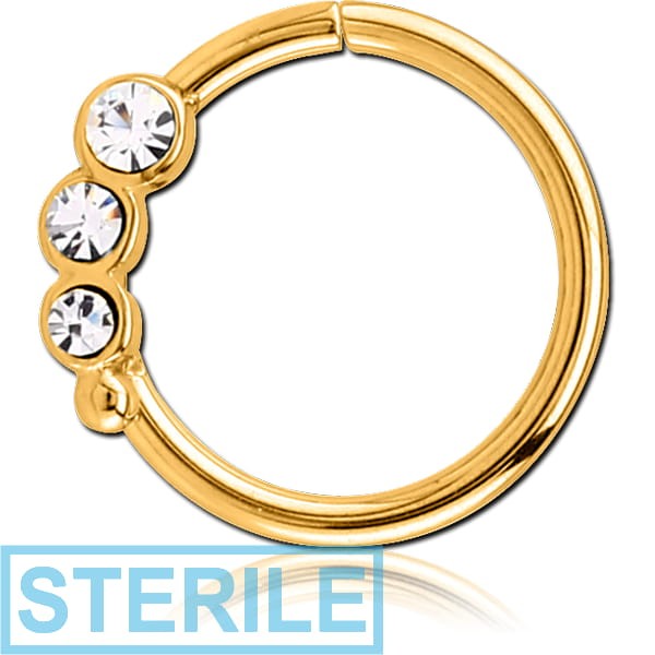 STERILE GOLD PVD COATED SURGICAL STEEL VALUE JEWELLED SEAMLESS RING - RIGHT - TRIPLE GEM