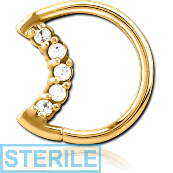 STERILE GOLD PVD COATED SURGICAL STEEL JEWELLED OPEN SEAMLESS RING - RIGHT - MOON