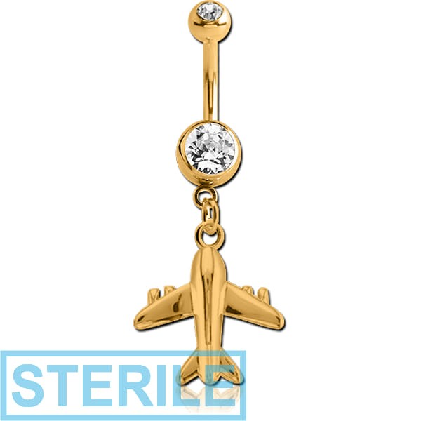 STERILE GOLD PVD COATED DOUBLE JEWELLED NAVEL BANANA WITH CHARM
