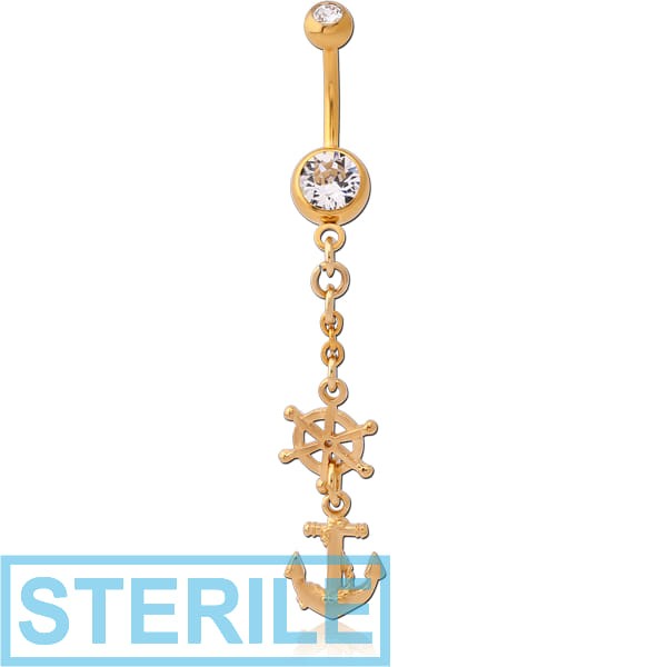 STERILE GOLD PVD COATED DOUBLE JEWELLED NAVEL BANANA WITH CHARM