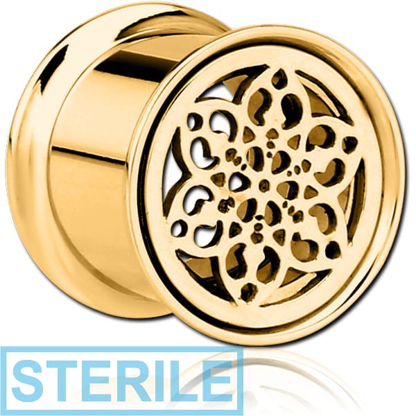 STERILE GOLD PVD COATED STAINLESS STEEL DOUBLE FLARED INTERNALLY THREADED TUNNEL - FLOWER