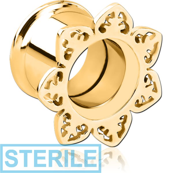 STERILE GOLD PVD COATED STAINLESS STEEL DOUBLE FLARED INTERNALLY THREADED TUNNEL - FLOWER