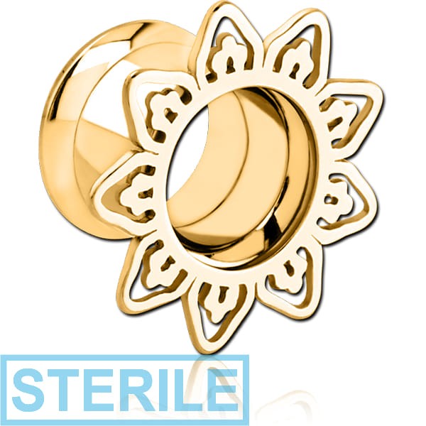 STERILE GOLD PVD COATED STAINLESS STEEL DOUBLE FLARED INTERNALLY THREADED TUNNEL - FILIGREE