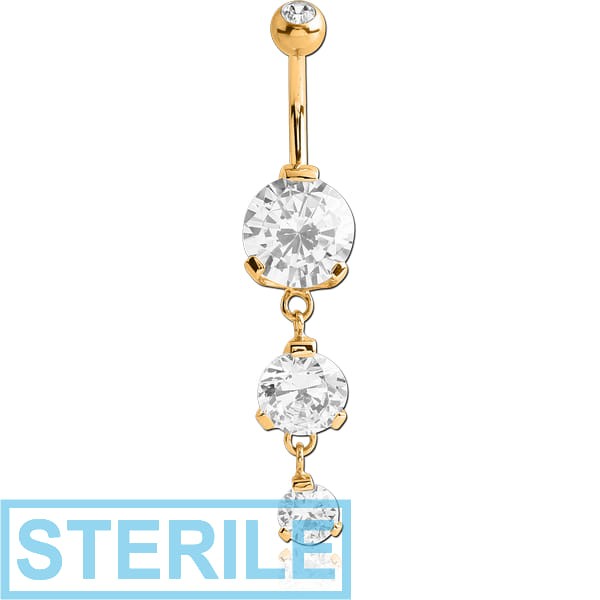 STERILE GOLD PVD COATED SURGICAL STEEL TRIPLE ROUND CZ DOUBLE JEWELLED DANGLE NAVEL BANANA