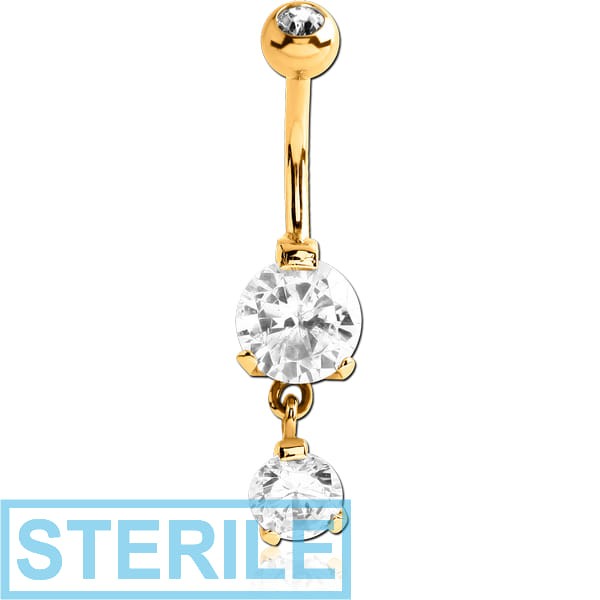 STERILE GOLD PVD COATED SURGICAL STEEL TRIPLE HEART CZ DOUBLE JEWELLED DANGLE NAVEL BANANA