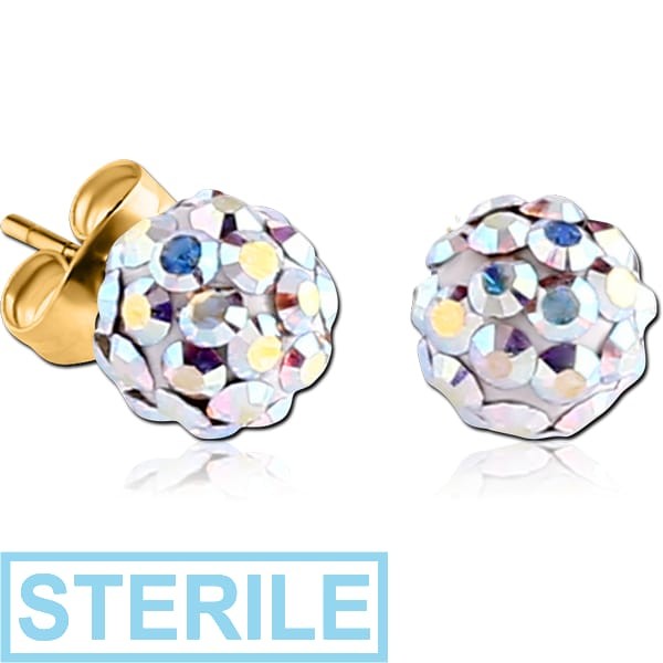 STERILE STERLING SILVER 925 GOLD PVD COATED CRYSTALINE EAR STUDS PAIR